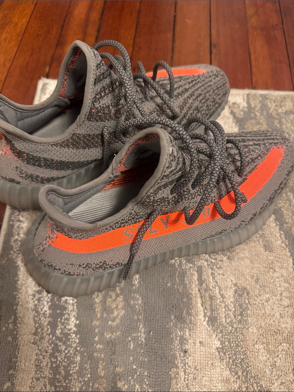 adidas Kids Grey Knit Sneakers with Bright Orange Stripe
